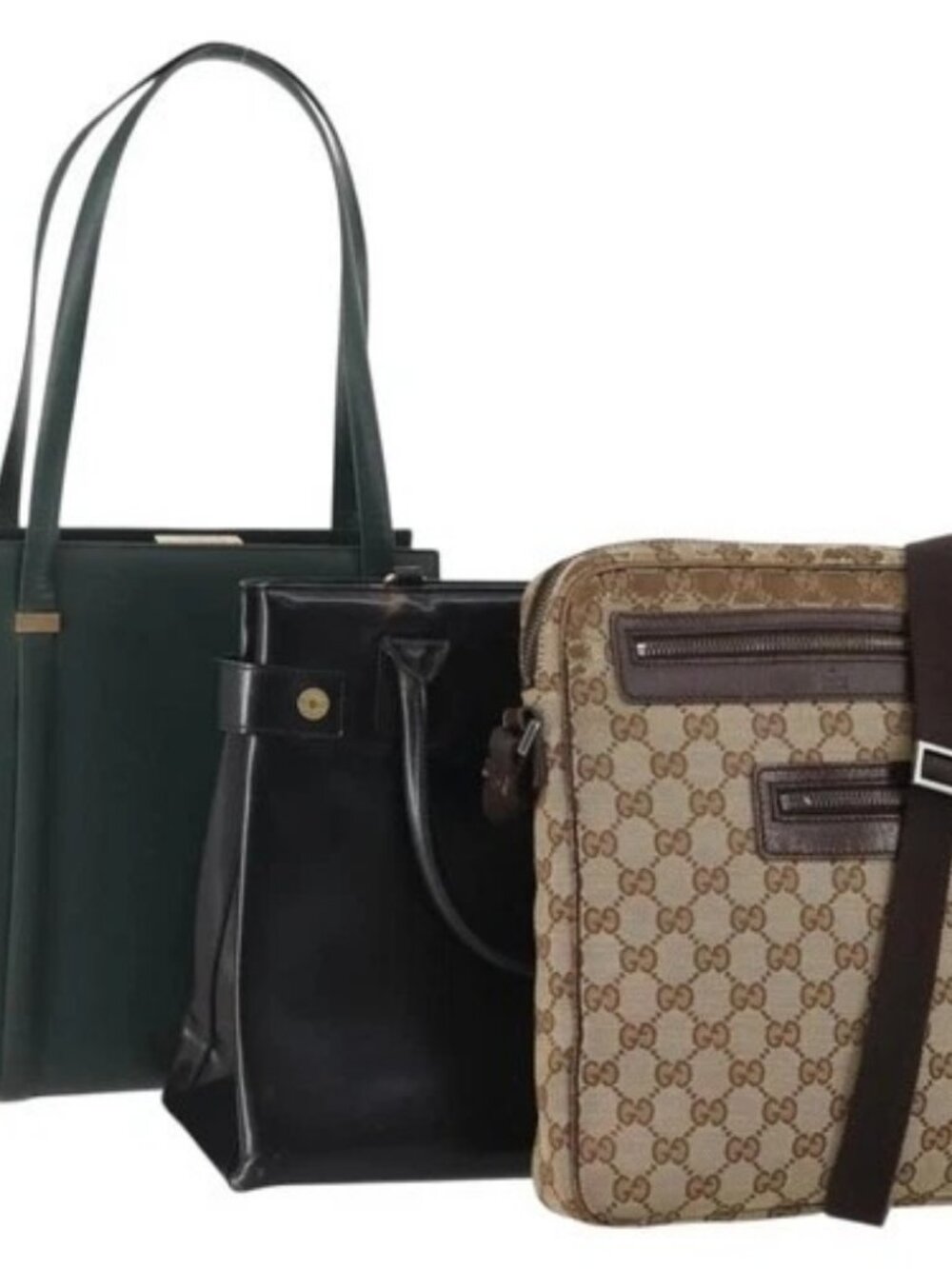 GUCCI GG Canvas Shoulder Bag Leather 3 Set Black Beige Auth bs34147